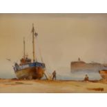 FRANCIS LEKE (1912-?), MOORED FISHING VESSEL WITH FIGURES, A PIER BEYOND, SIGNED AND DATED 30.9.81