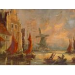 GUDRUN SIBBONS, GERMAN BORN BRITISH 1924-2020. DUTCH SCHOOL HARBOUR SCENE. OIL ON CANVAS LAID ON