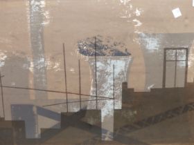IN THE MANNER OF PRUNELLA CLOUGH, BRITISH 1919-1999. ABSTRACT INDUSTRIAL LANDSCAPE WITH COOLING