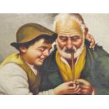 EUROPEAN SCHOOL (20TH CENTURY), YOUNG BOY HELPING AN OLD MAN TO LIGHT HIS PIPE, INDISTINCTLY SIGNED,