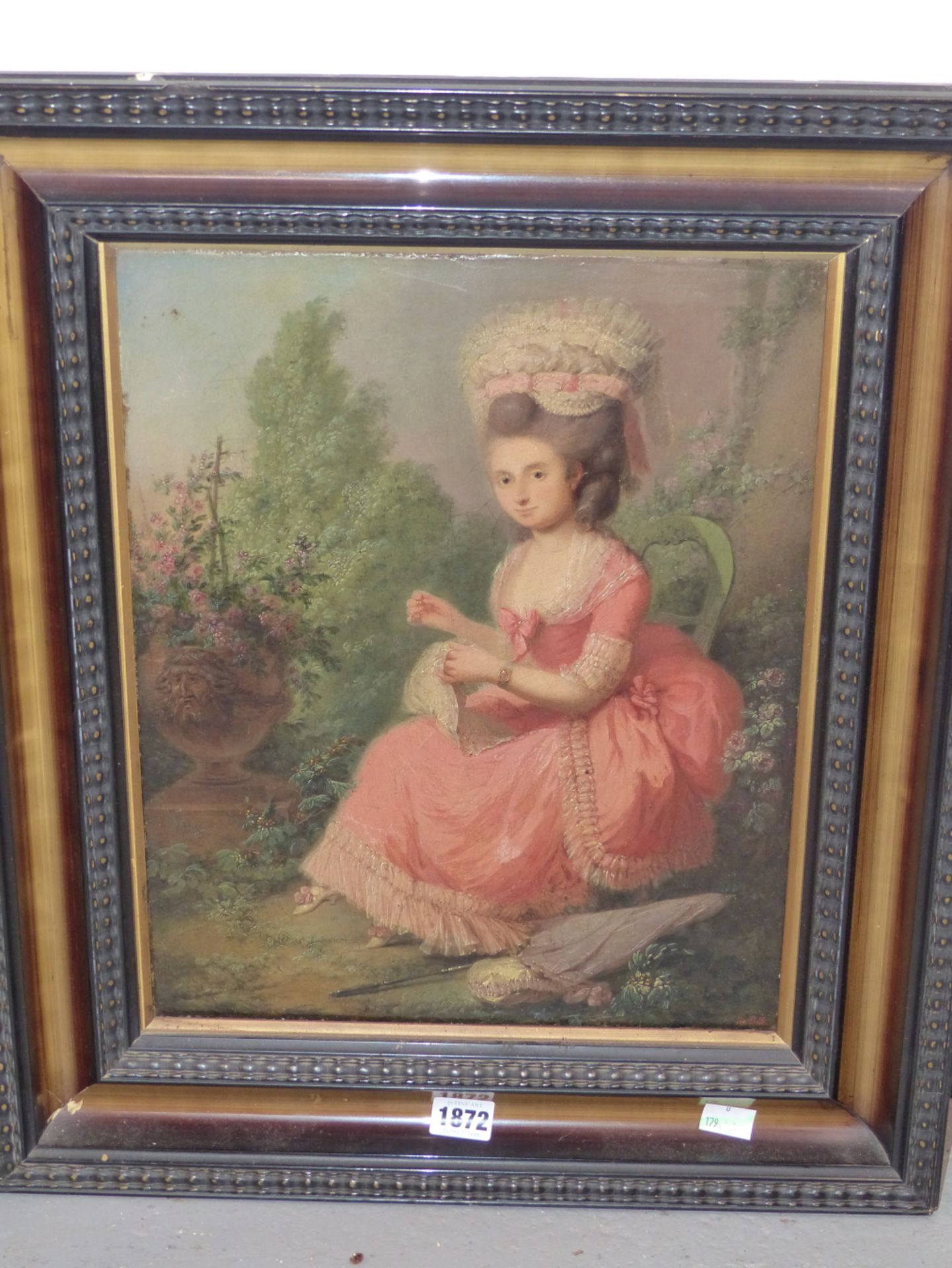 CIRCLE OF JEAN FREDERIC SCHALL (1752-1825), A LADY WEARING A PINK DRESS SEATED IN A GARDEN SEWING, - Image 2 of 5