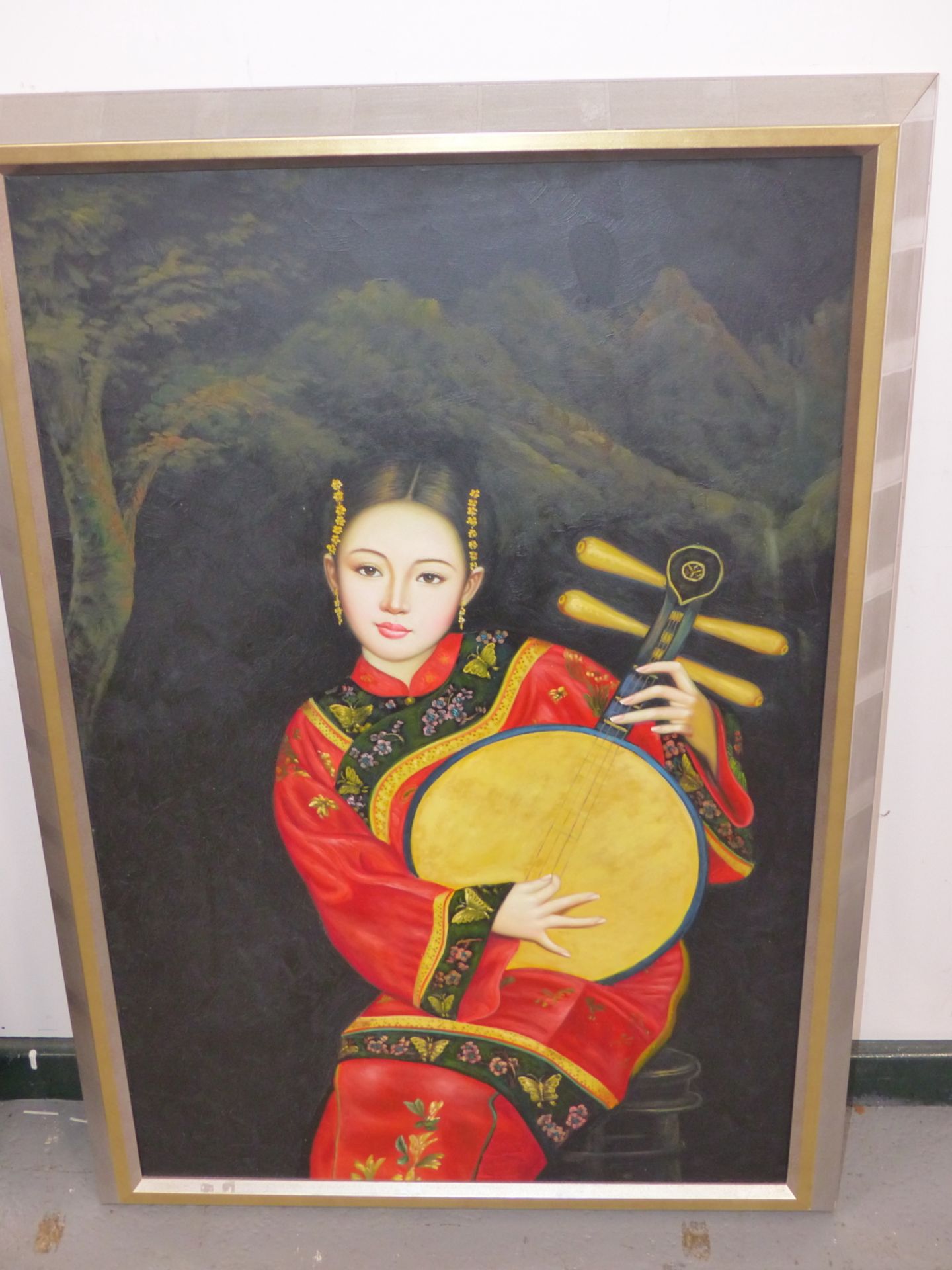 A SET OF THREE MODERN CHINESE FULL LENGTH PORTRAITS OF FEMALE MUSICIANS, - Image 4 of 5