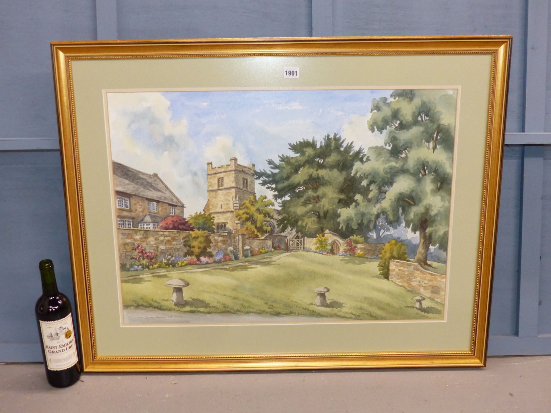 SUSAN WOOLLEY (20TH CENTURY), GARDEN WITH CHURCH AND COTTAGE BEYOND, SIGNED AND DATED 1991, - Image 2 of 4