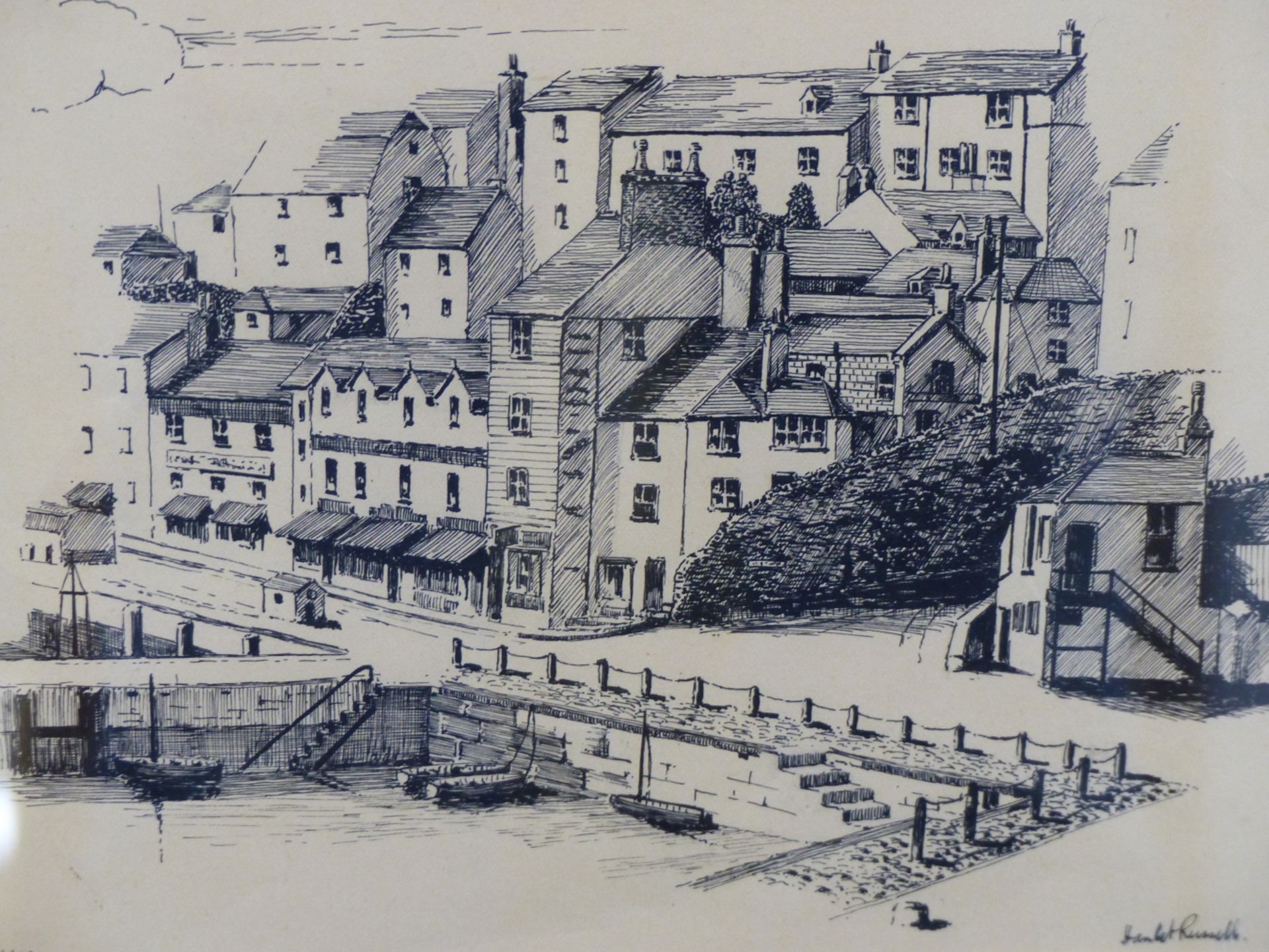 HAMLETT RUSSELL, BRITISH 20TH C. PAIR OF BRIXHAM VIEWS DATED 1937. INK SKETCH, 18 X 23 CM.