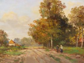 IN THE MANNER OF HENDRIK CORNELIS KRANENBURG, DUTCH 1917-1997. FIGURES ON A COUNTRY ROAD. OIL ON