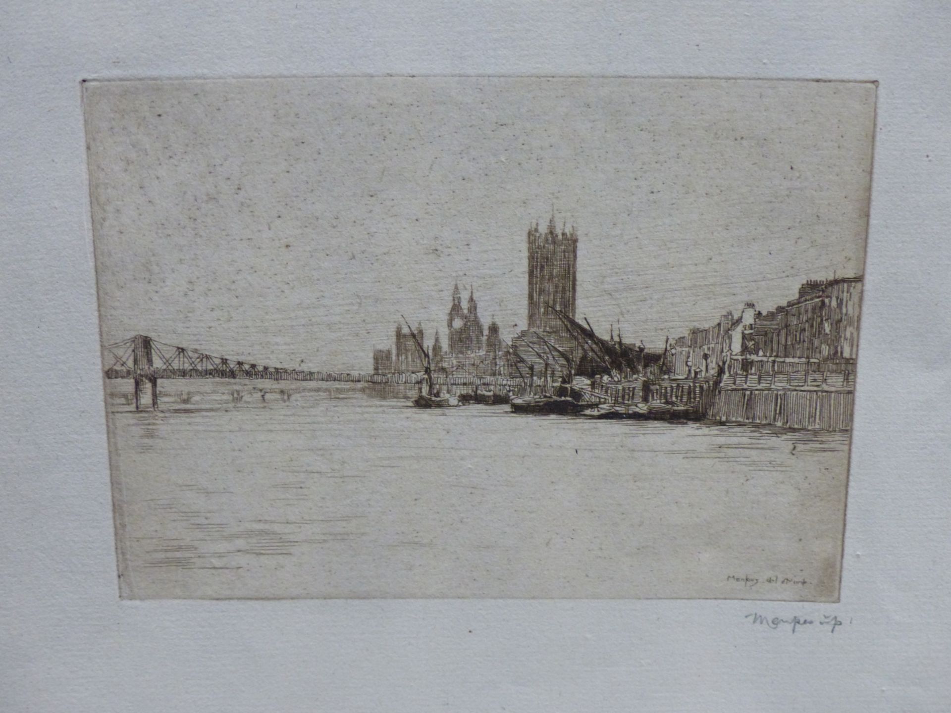 MORTIMER MENPES (1855-1938), THAMES VIEW IN LONDON, SIGNED, ETCHING, 10.5 X 15CM (PL.), TOGETHER