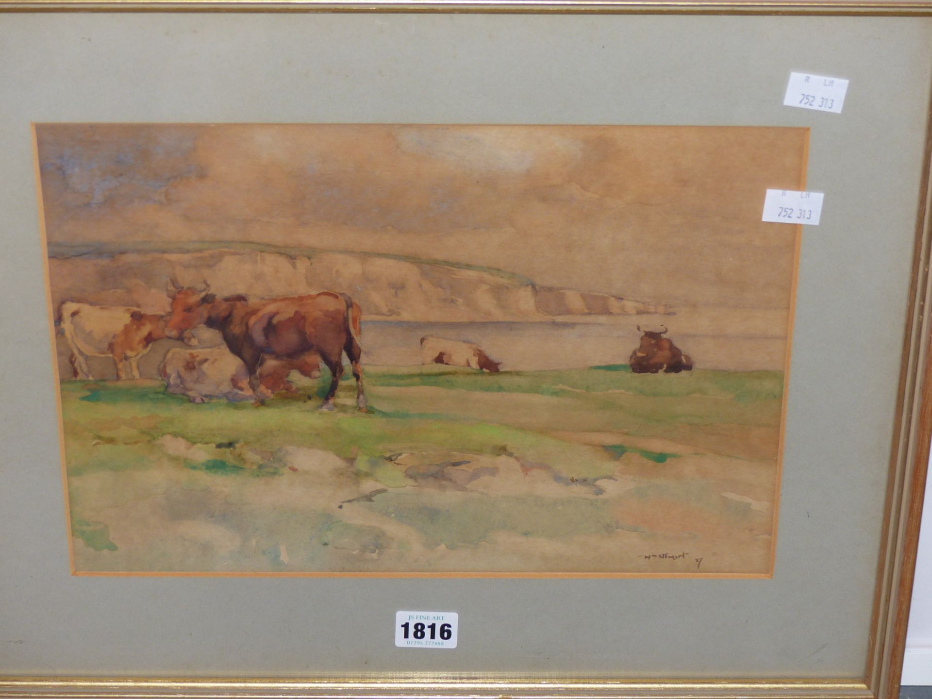 WILLIAM A STEWART (1882-1953) CATTLE ON A CLIFF TOP WITH CHALK CLIFFS BEYOND, SIGNED AND DATED 27, - Image 2 of 4