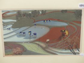 BAKUFU OHNO, JAPANESE 1889-1976. RICE PLANTERS IN THE PADDY FIELD. WOODBLOCK, 25.5 X 38 CM.