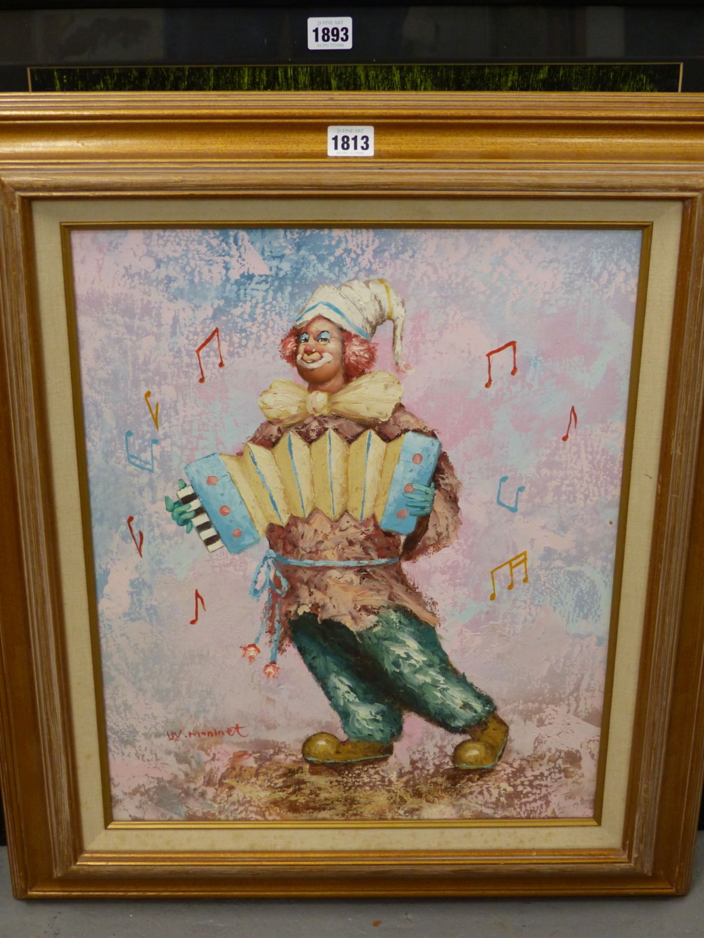 W. MONINET (20TH CENTURY), A CLOWN PLAYING AN ACCORDION, SIGNED, ACRYLIC ON CANVAS, 39.5 X 50CM. - Image 2 of 4