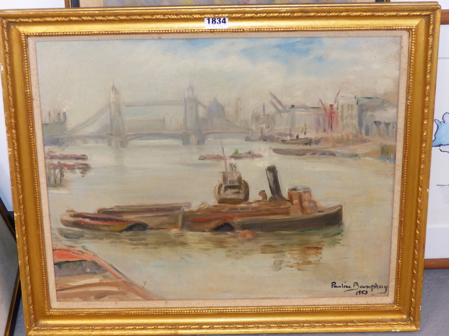 PAULINE BOUMPHREY (1886-1959) AMERICAN, TUG BOAT NEAR A RIVER BRIDGE, SIGNED AND DATED 1953, OIL - Image 2 of 9