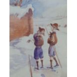 ENGLISH SCHOOL 20TH C. SCOUTING INTEREST. TWO SPINDELY BOY SCOUTS TREKKING IN SNOW PONDER THE