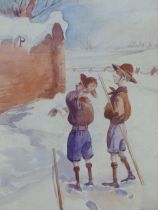 ENGLISH SCHOOL 20TH C. SCOUTING INTEREST. TWO SPINDELY BOY SCOUTS TREKKING IN SNOW PONDER THE