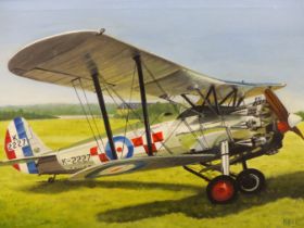 GEOFF BELL (20TH CENTURY), "THE LAST OF THE BREED" - A BRISTOL BULLDOG BIPLANE, SIGNED, OIL ON
