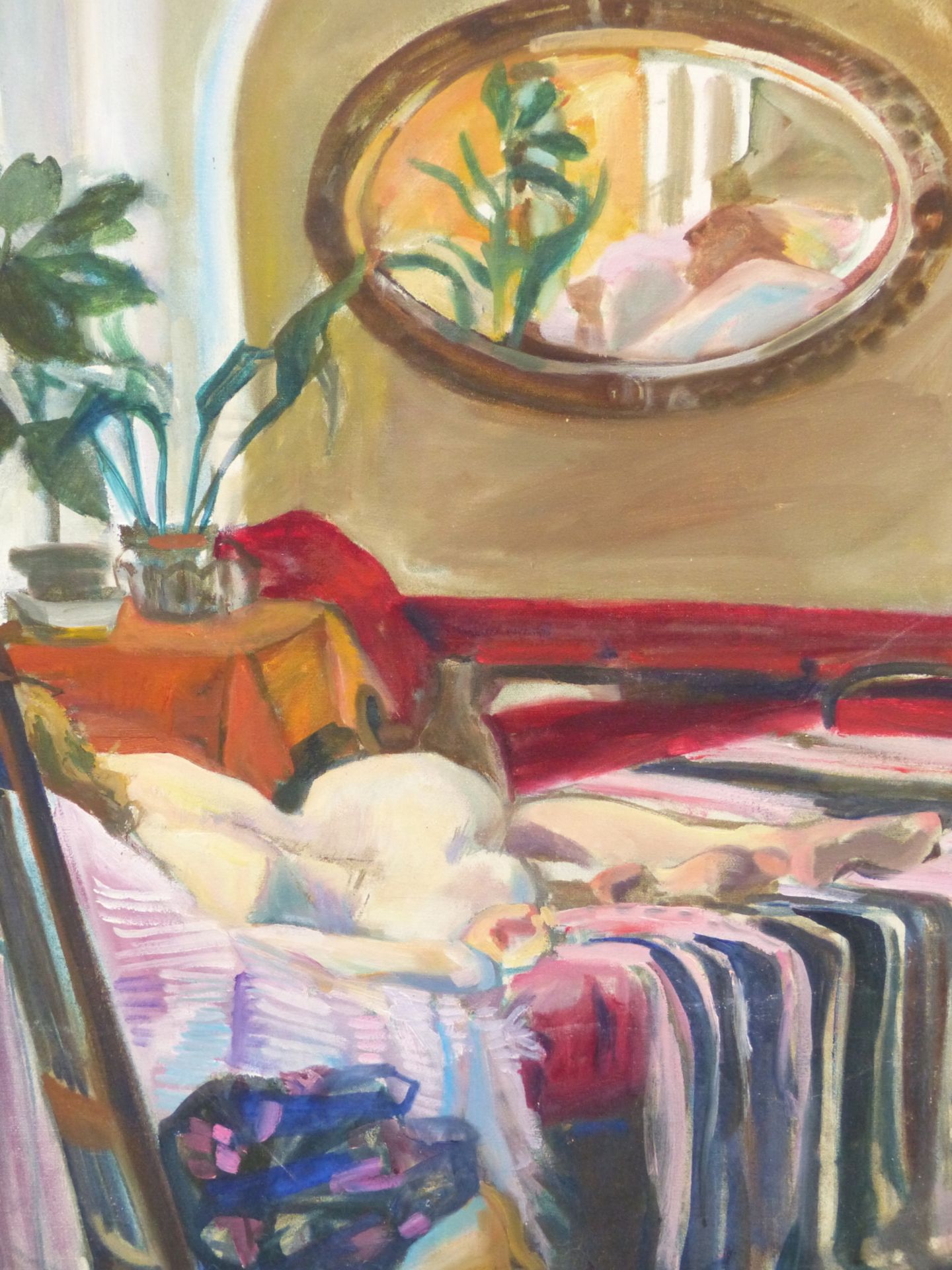 T.M.P. GRIFFITHS (CONTEMPORARY), NUDE RECLINING ON A BED, SIGNED, ACRYLIC ON CANVAS, 59.5 X 75CM.