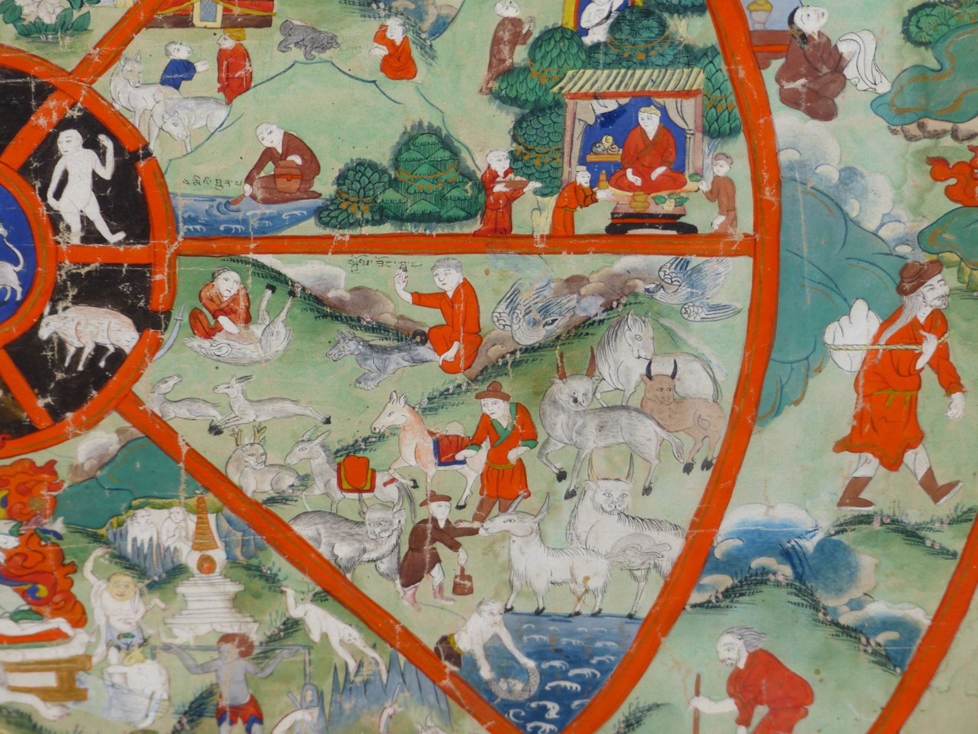 SINO TIBETAN SCHOOL, 19THC. FRAMED TIBETAN THANG-KA DEPICTING CIRCLE OF LIFE. DISTEMPER ON LINEN, - Image 8 of 8