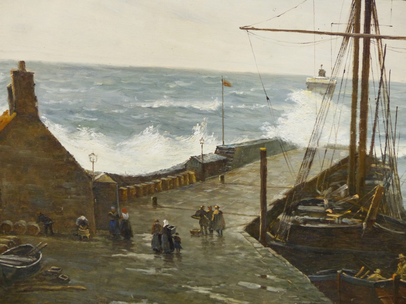 DUTCH SCHOOL (20TH CENTURY), FISHERFOLK ON A PIER IN STORMY SEAS, OIL ON CANVAS, UNFRAMED, 122.5 X - Image 3 of 9