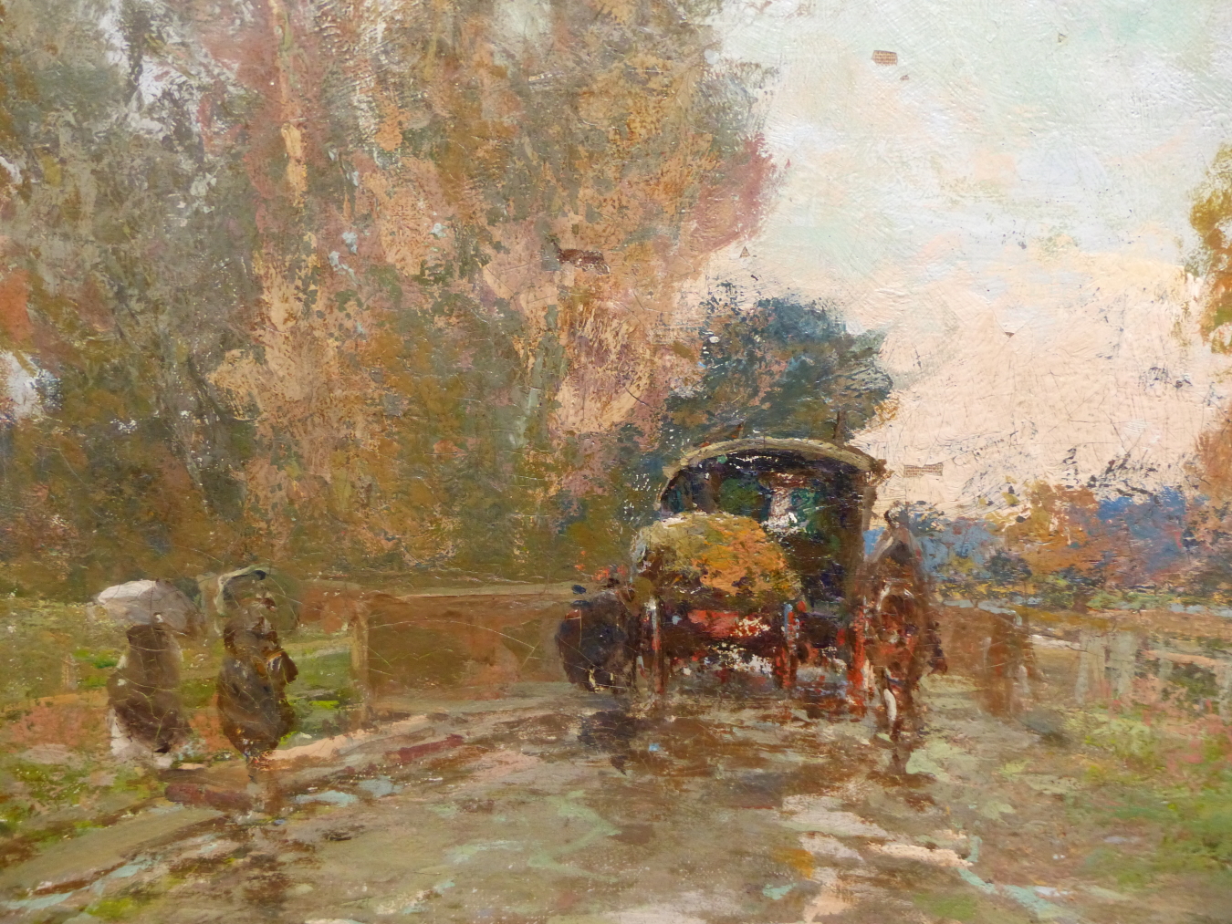IMPRESSIONIST SCHOOL (LATE 19TH CENTURY), HORSE DRAWN CARRIAGE AND FIGURES ON A TREE LINED ROAD, - Image 4 of 7
