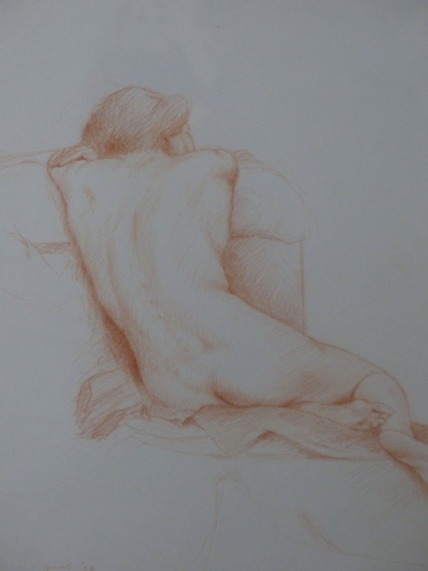A LATE 20TH CENTURY RED CHALK STUDY OF A NUDE, INDISTINCTLY SIGNED (GUMB?) AND DATED '97, EXHIBITION