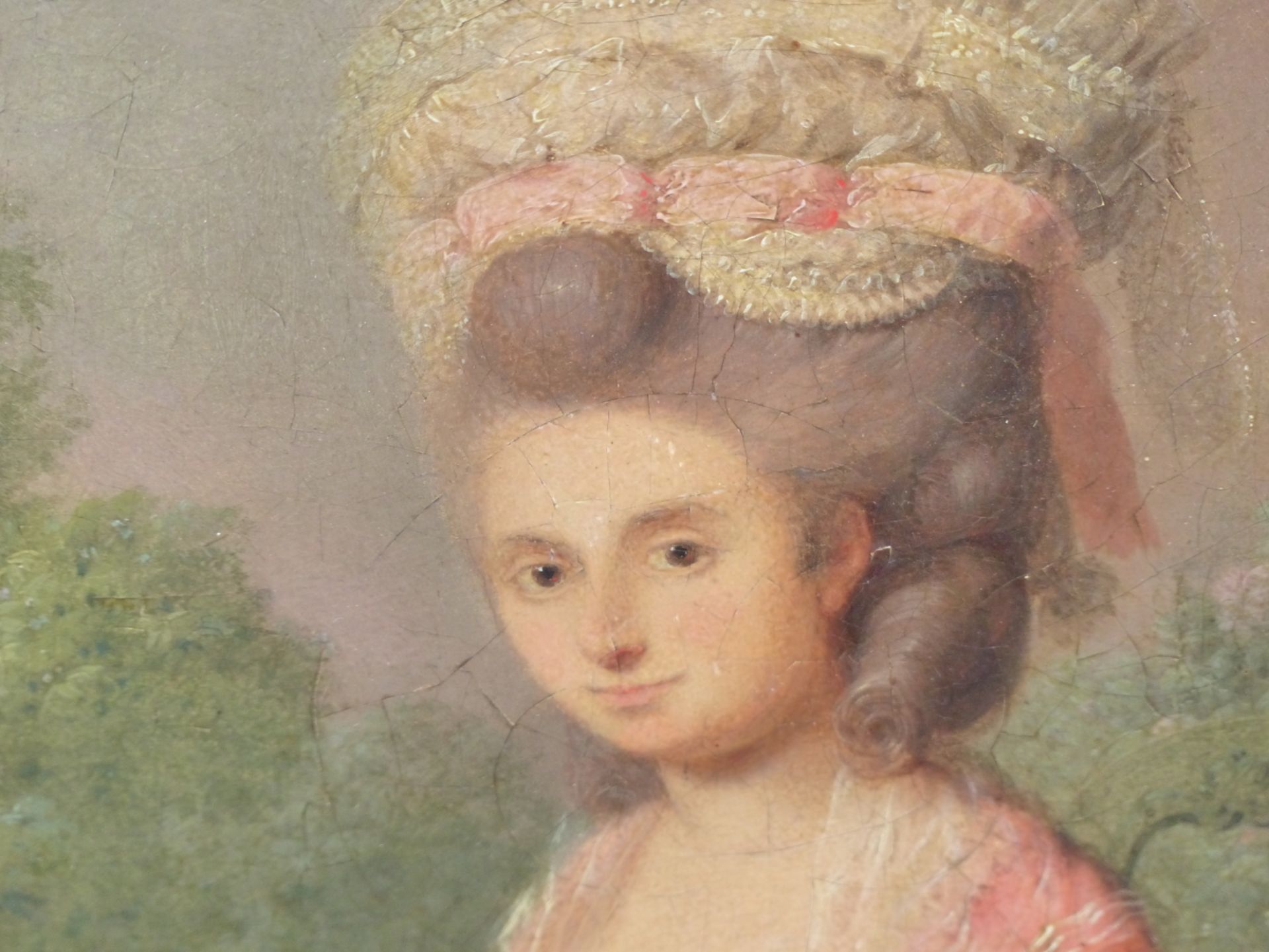 CIRCLE OF JEAN FREDERIC SCHALL (1752-1825), A LADY WEARING A PINK DRESS SEATED IN A GARDEN SEWING, - Image 4 of 5