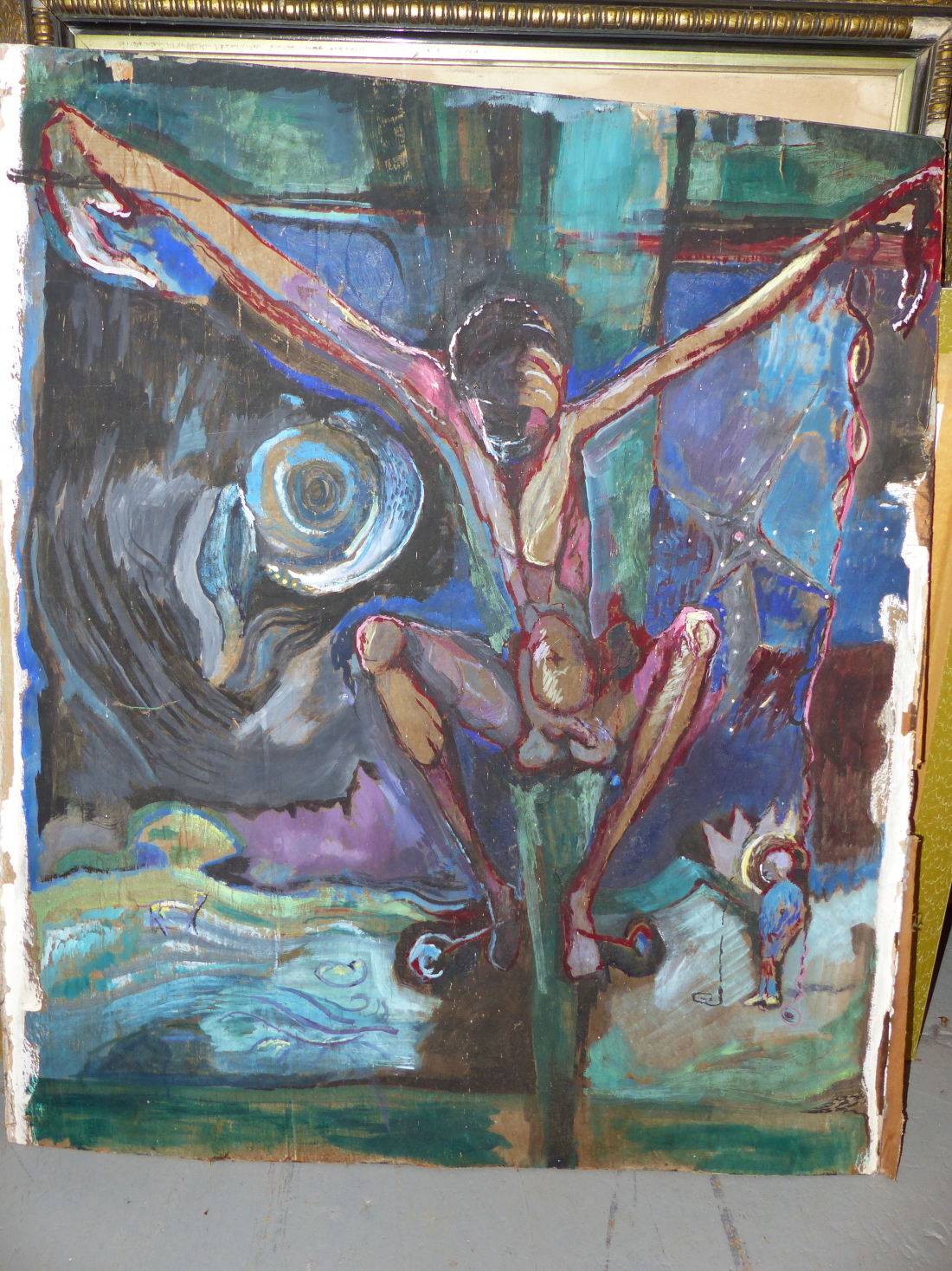 BRITISH SCHOOL (20TH CENTURY), CRUCIFIXION SCENE, OIL ON BOARD, UNFRAMED, 71.5 X 88CM. - Image 2 of 3