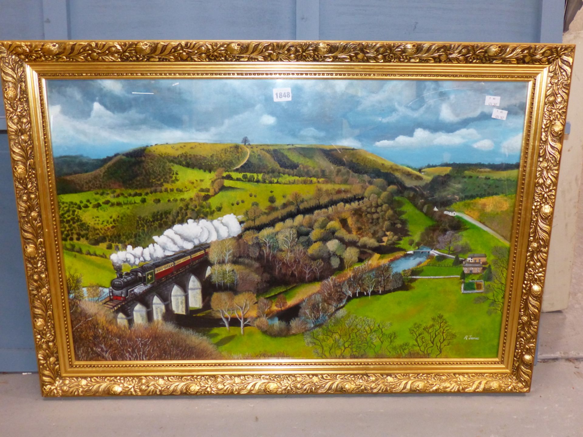 A. JAMES (20TH CENTURY), STEAM TRAIN IN A VALLEY, SIGNED, GOUACHE, 84 X 53.5CM. - Image 2 of 5