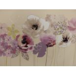 A STITCHED AND PRINTED FLORAL CANVAS, 77 X 57CM TOGETHER WITH A PAIR OF FLORAL CANVAS PRINTS AND