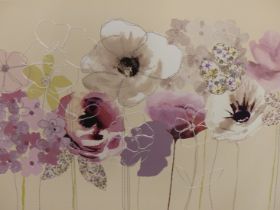 A STITCHED AND PRINTED FLORAL CANVAS, 77 X 57CM TOGETHER WITH A PAIR OF FLORAL CANVAS PRINTS AND
