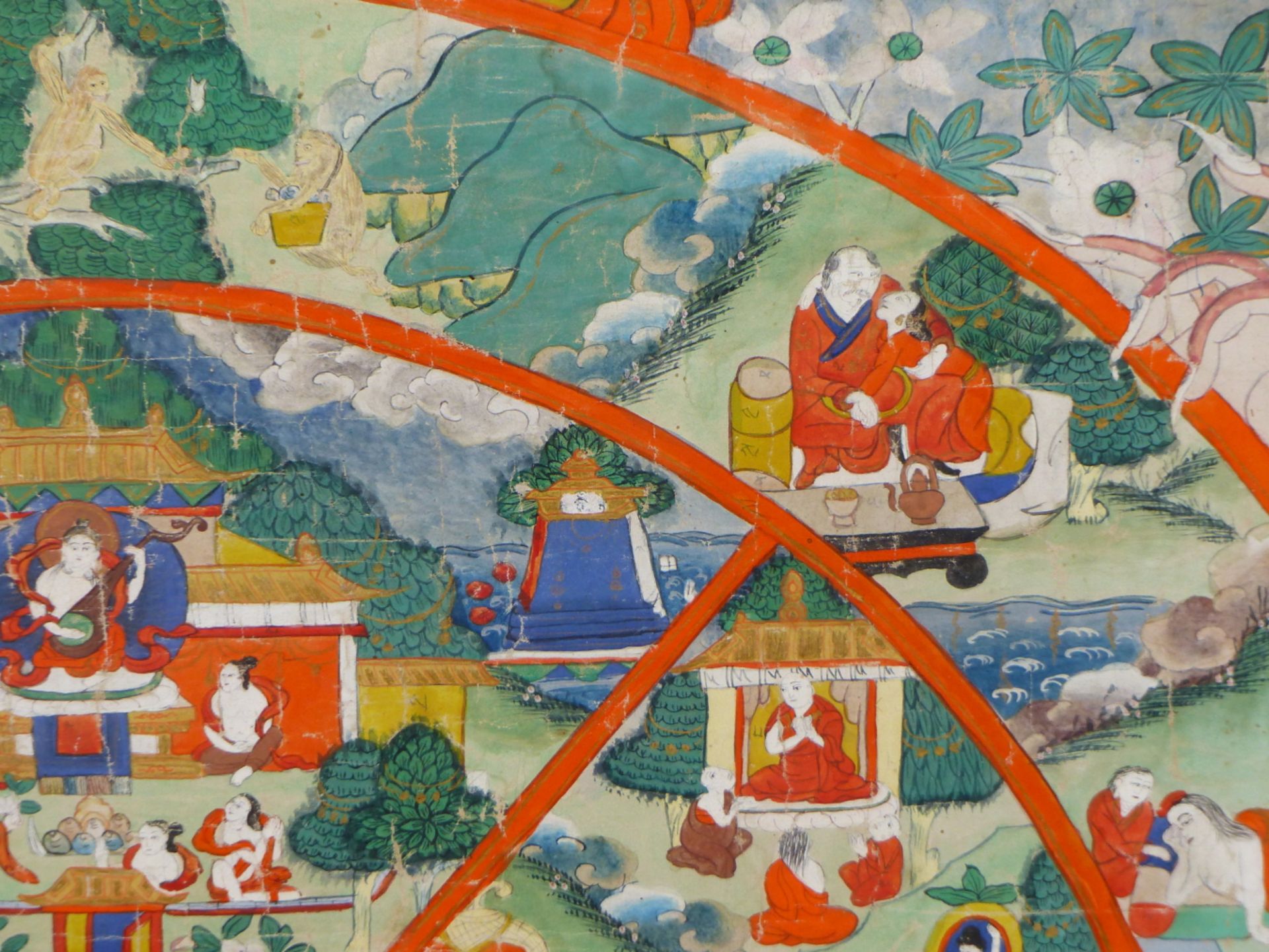 SINO TIBETAN SCHOOL, 19THC. FRAMED TIBETAN THANG-KA DEPICTING CIRCLE OF LIFE. DISTEMPER ON LINEN, - Image 5 of 8