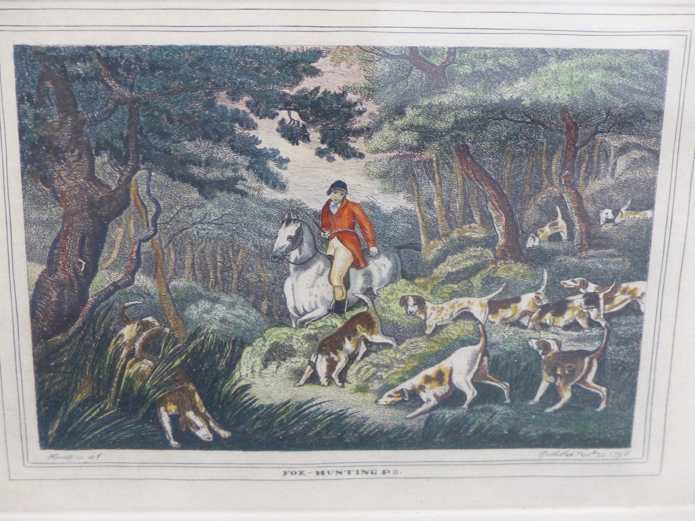 A SET OF SIX FOX HUNTING ENGRAVINGS WITH HAND COLOURING, 17 X 12CM (PL.) TOGETHER WITH AN - Image 2 of 8