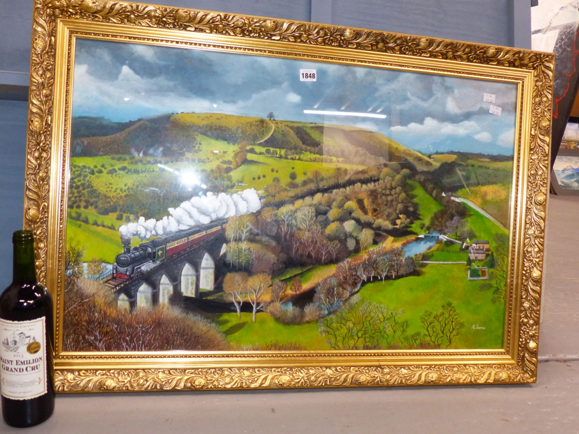 A. JAMES (20TH CENTURY), STEAM TRAIN IN A VALLEY, SIGNED, GOUACHE, 84 X 53.5CM. - Image 4 of 5