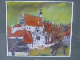 POLISH SCHOOL (20TH CENTURY), CHURCH AND VILLAGE, INDISTINCTLY SIGNED M. AMOL?, PASTEL AND CHARCOAL,