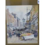 ENGLISH SCHOOL EARLY 20TH C. MARKET SCENE TITLED "BETHNAL GREEN". INDISTINCTLY SIGNED WATERCOLOUR,