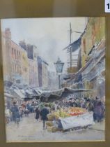 ENGLISH SCHOOL EARLY 20TH C. MARKET SCENE TITLED "BETHNAL GREEN". INDISTINCTLY SIGNED WATERCOLOUR,