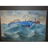 BRIAN HUBY (20TH CENTURY) ARR, TRAWLER IN HEAVY SEAS, SIGNED AND DATED '87, WATERCOLOUR, UNFRAMED,