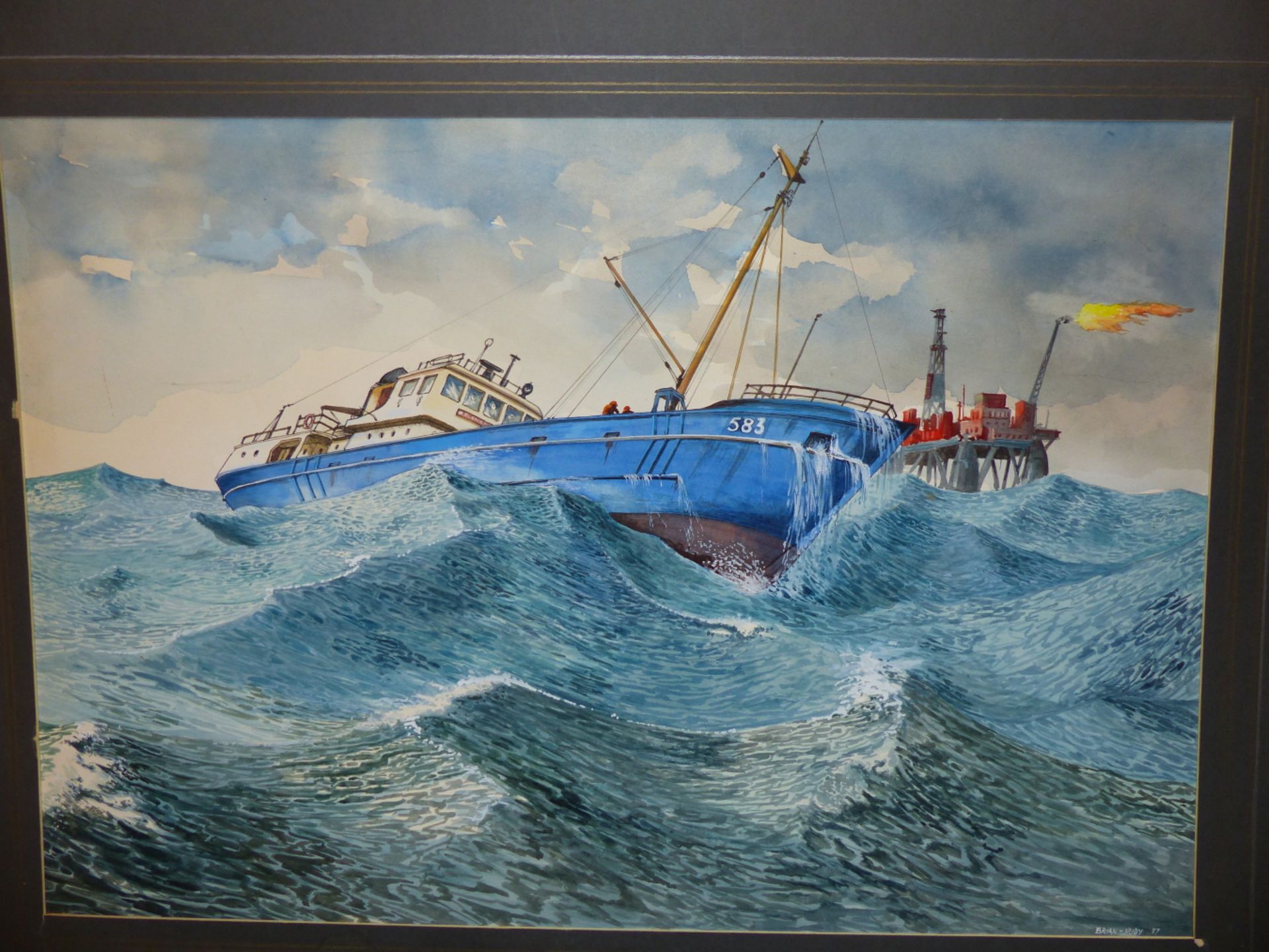 BRIAN HUBY (20TH CENTURY) ARR, TRAWLER IN HEAVY SEAS, SIGNED AND DATED '87, WATERCOLOUR, UNFRAMED,
