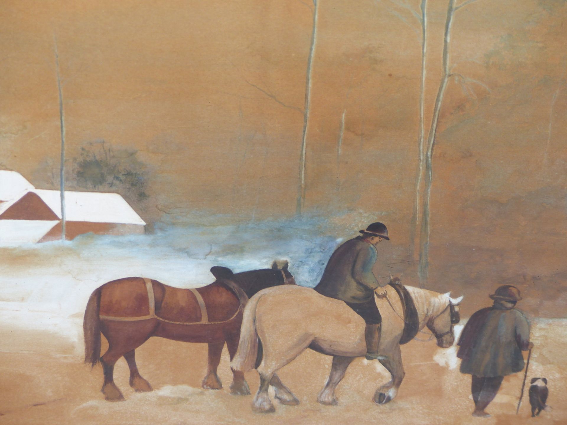 CONTINENTAL SCHOOL, 20THC. NORTHERN EUROPEAN NAIVE STYLE WINTER SCENE WITH HORSES ON A TRACK. - Image 4 of 6