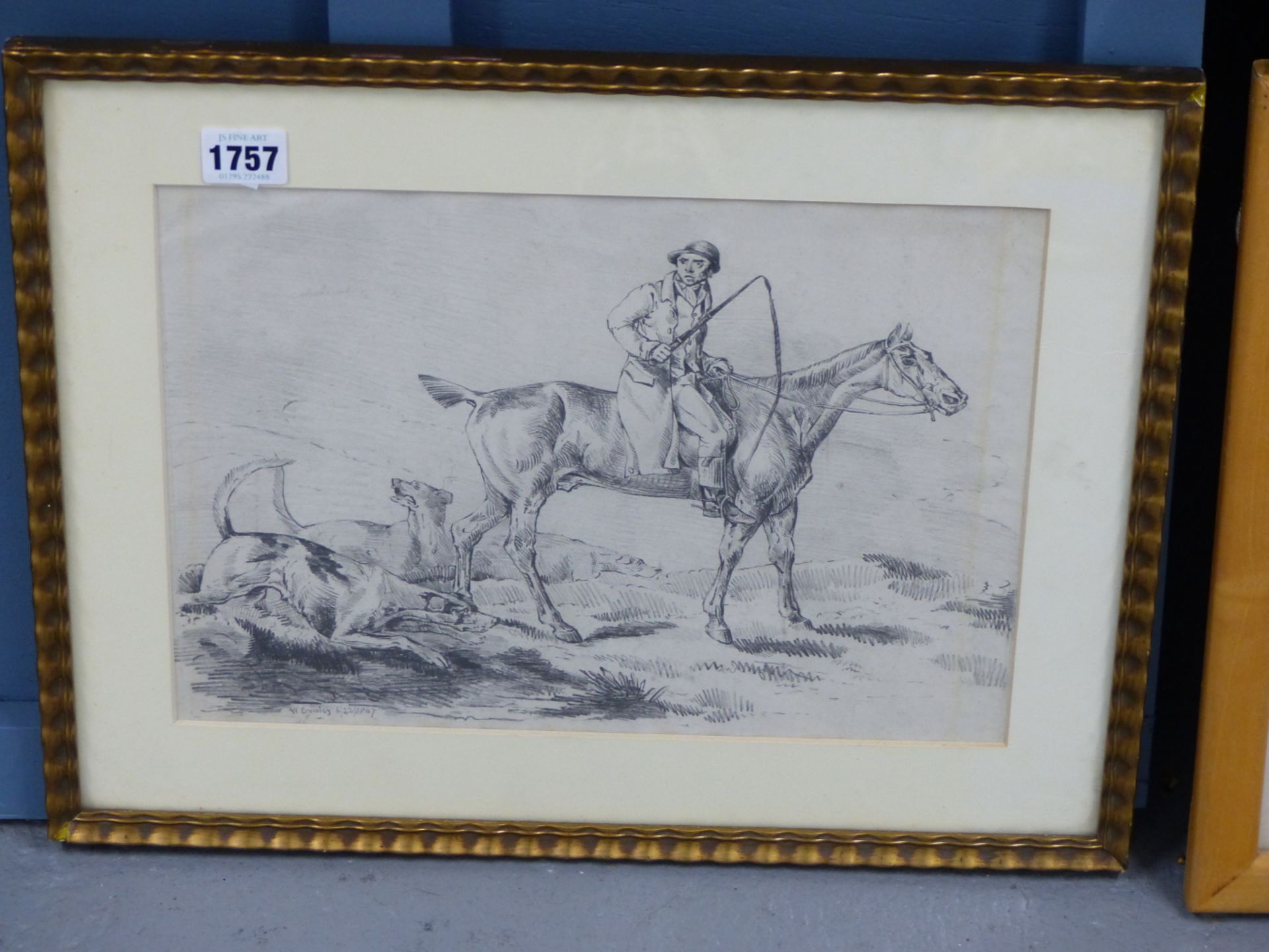 ENGLISH SCHOOL, 19THC. VICTORIAN GENTLEMAN ON HORSEBACK ACCOMPANIED BY HOUNDS, SIGNED W. CROWLEY AND - Image 2 of 4