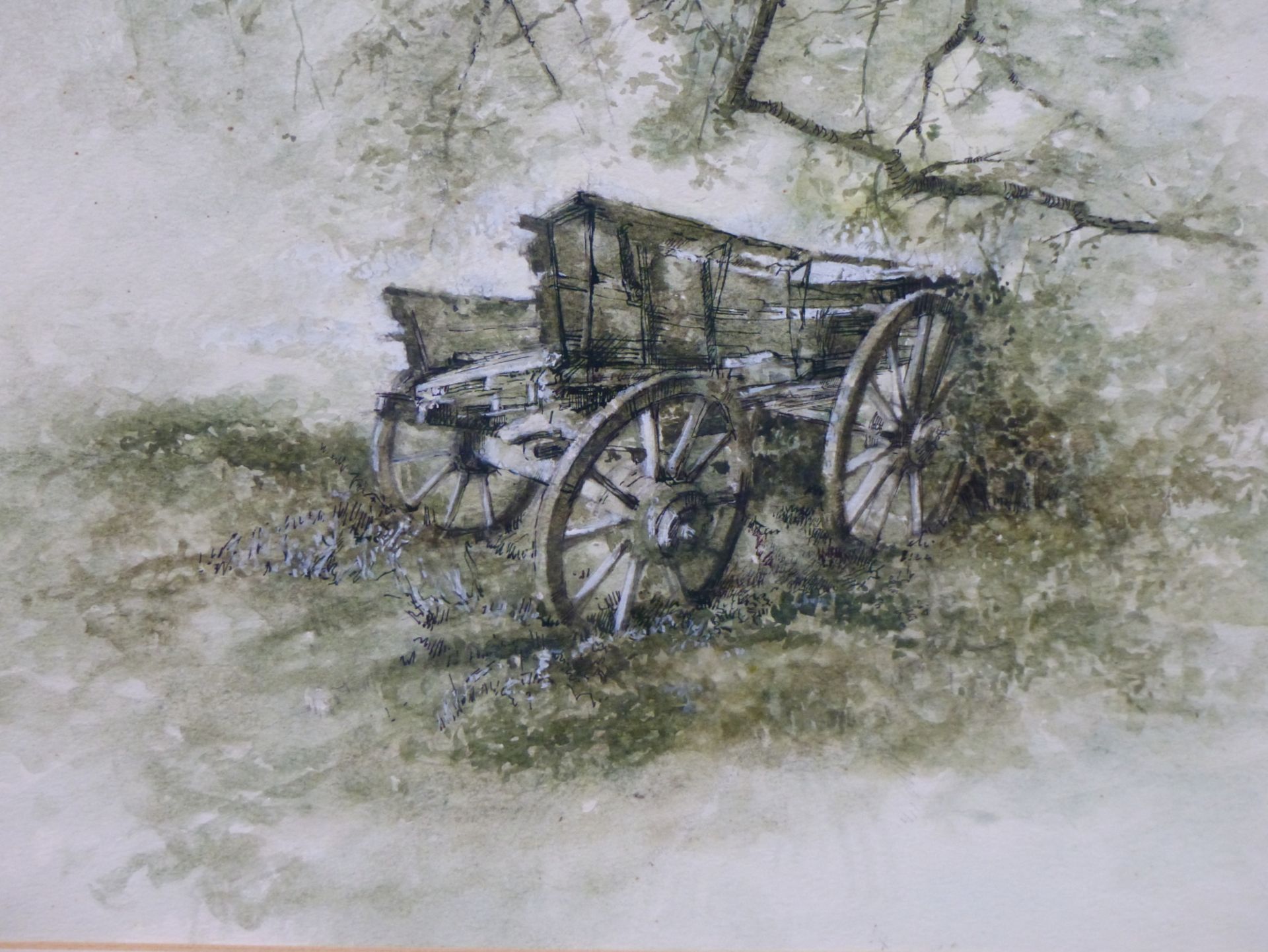 BRITISH SCHOOL (20TH CENTURY), INK AND WATERCOLOUR STUDY OF A DILAPIDATED HAY CART, 34.5 X 24CM,