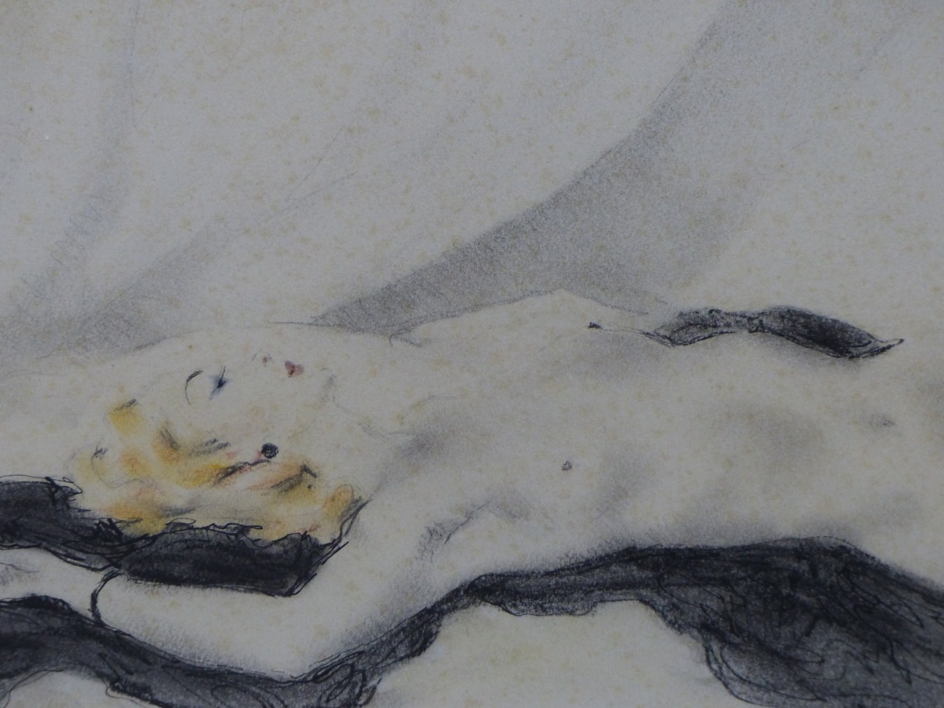 PAUL CESAR HELEU, FRENCH 1859-1927, RECLINING NUDE ON A BLACK THROW, MIXED APPLICATION OF GRAPHITE