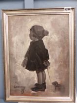 HORACE C. GAFFRON - AKA "JOCK", SCOTTISH 1896-2000. SILHOUETTE OF YOUNG GIRL WITH DOG. OIL ON BOARD,