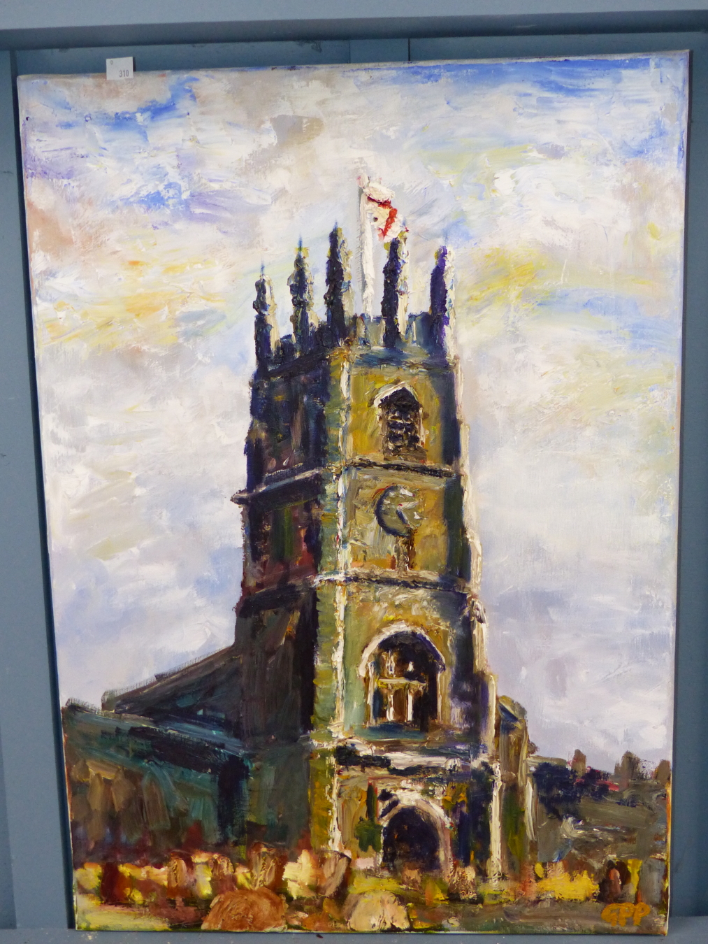 GPP (20TH CENTURY), ST PETER'S CHURCH 2002, SIGNED WITH INITIALS, OIL ON CANVAS, UNFRAMED, 49 X