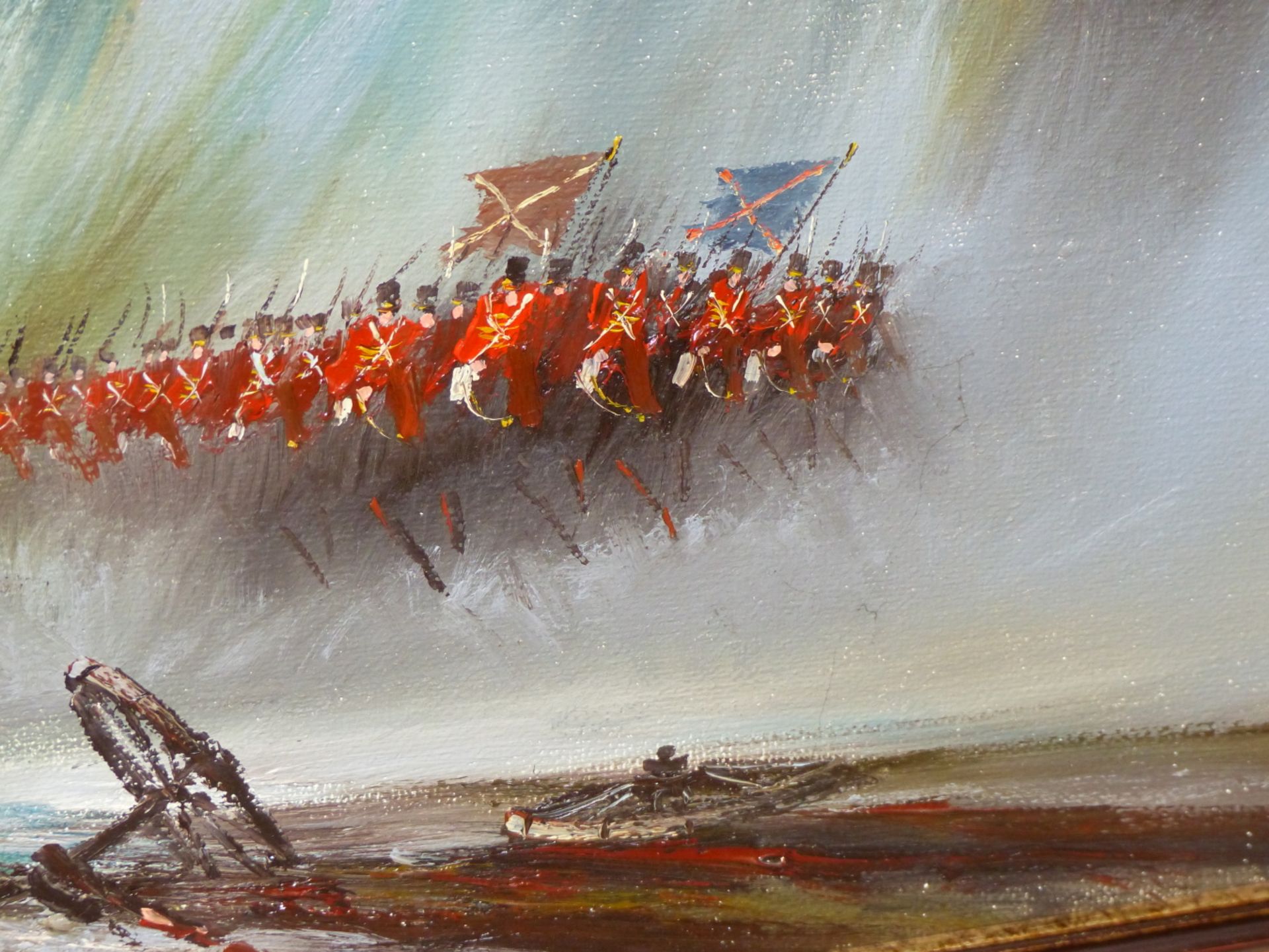 JOHN BAMPFIELD (B.1947) ARR, CAVALRY CHARGE TOWARDS CANNONS, SIGNED, OIL ON CANVAS, 120.5 X 44.5CM. - Image 6 of 9