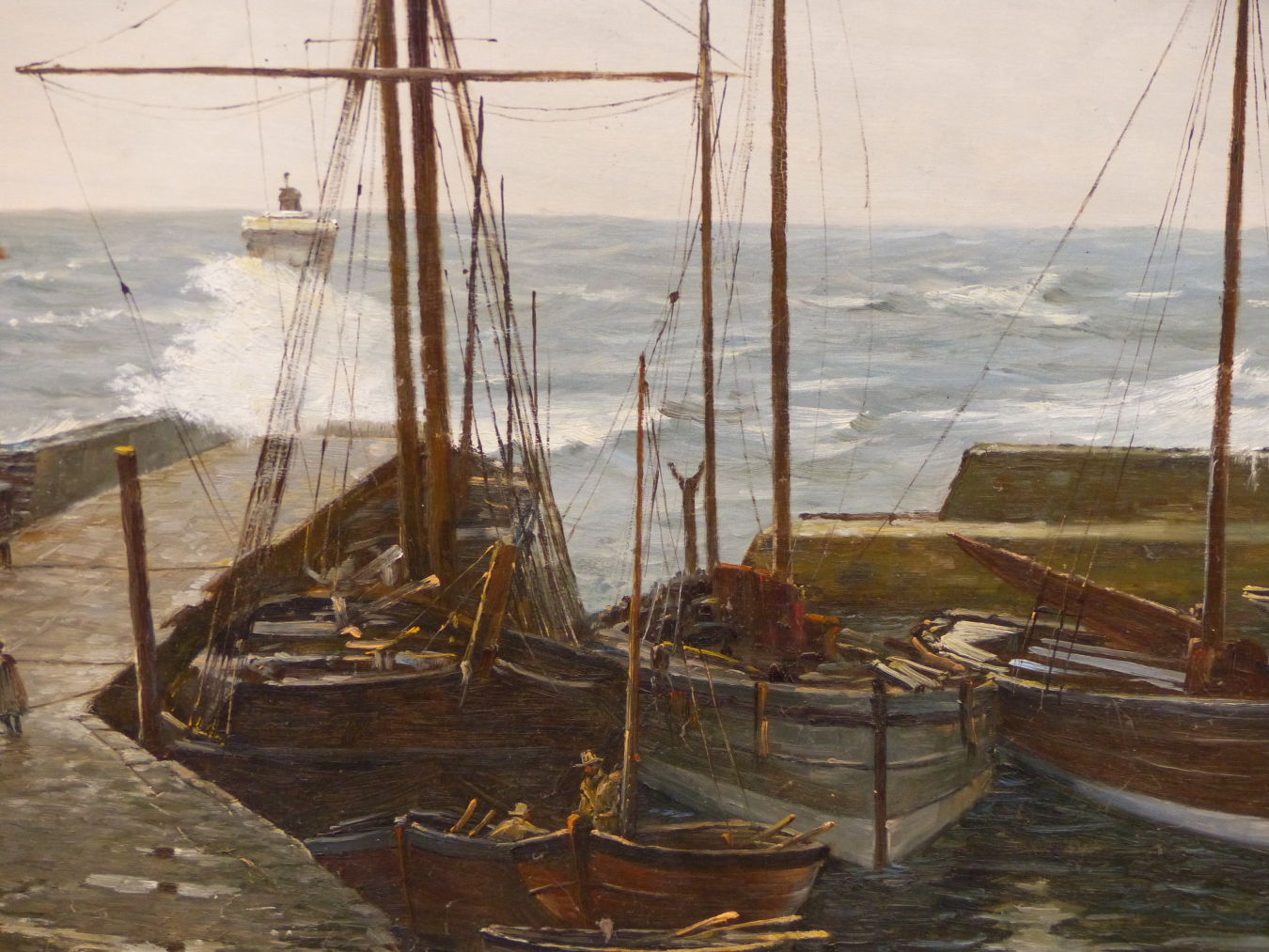 DUTCH SCHOOL (20TH CENTURY), FISHERFOLK ON A PIER IN STORMY SEAS, OIL ON CANVAS, UNFRAMED, 122.5 X - Image 4 of 9