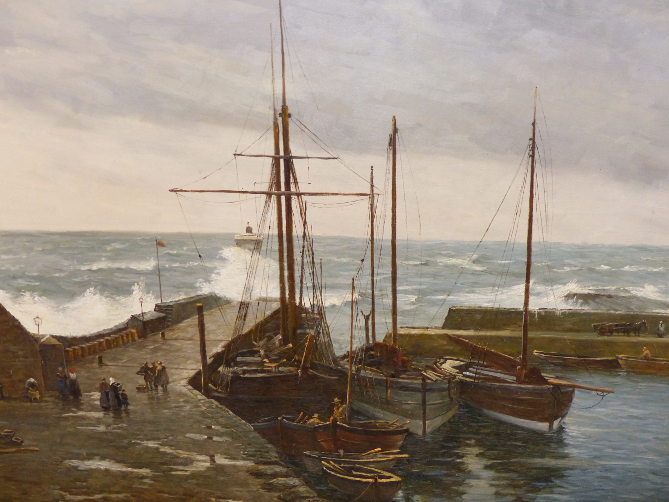 DUTCH SCHOOL (20TH CENTURY), FISHERFOLK ON A PIER IN STORMY SEAS, OIL ON CANVAS, UNFRAMED, 122.5 X