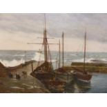 DUTCH SCHOOL (20TH CENTURY), FISHERFOLK ON A PIER IN STORMY SEAS, OIL ON CANVAS, UNFRAMED, 122.5 X