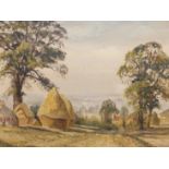 R.W. LUCKHURST (20TH CENTURY), HAYSTACKS AND ELM TREES IN AN EXTENSIVE LANDSCAPE, SIGNED AND DATED