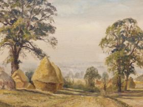 R.W. LUCKHURST (20TH CENTURY), HAYSTACKS AND ELM TREES IN AN EXTENSIVE LANDSCAPE, SIGNED AND DATED