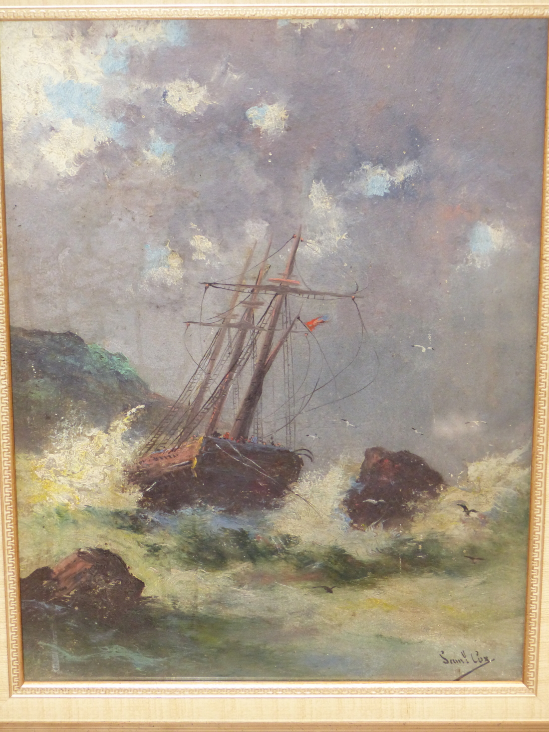 SAMUEL COX (EARLY 20TH CENTURY), A SHIP WRECK NEAR CLIFFS, AND COMPANION OF STORMY SEAS, SIGNED, - Image 4 of 8
