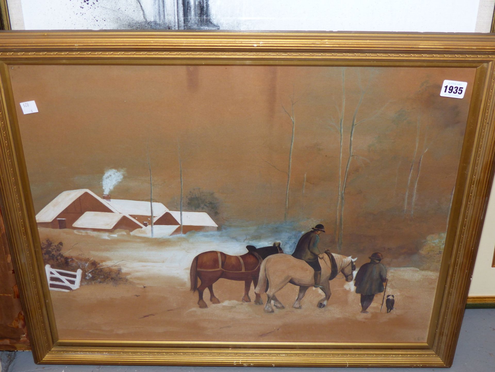 CONTINENTAL SCHOOL, 20THC. NORTHERN EUROPEAN NAIVE STYLE WINTER SCENE WITH HORSES ON A TRACK. - Image 5 of 6