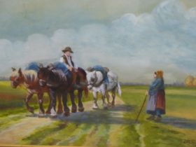 D. WATSON, 20TH C. WORKING HORSES ON A FARM TRACK. WATERCOLOUR, 26.5 X 37 CM.